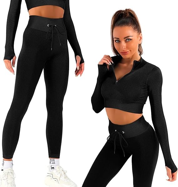 2 Piece Zip Up Jacket Workout Outfits, Cropped Top, Long Sleeve, Leggings Set.