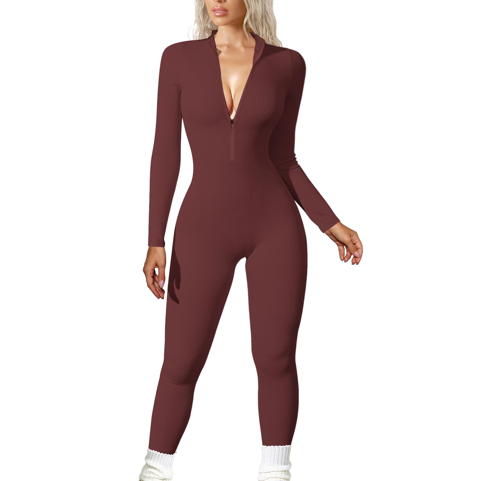 Long Sleeve, Zip Up, V Neck Playsuit.