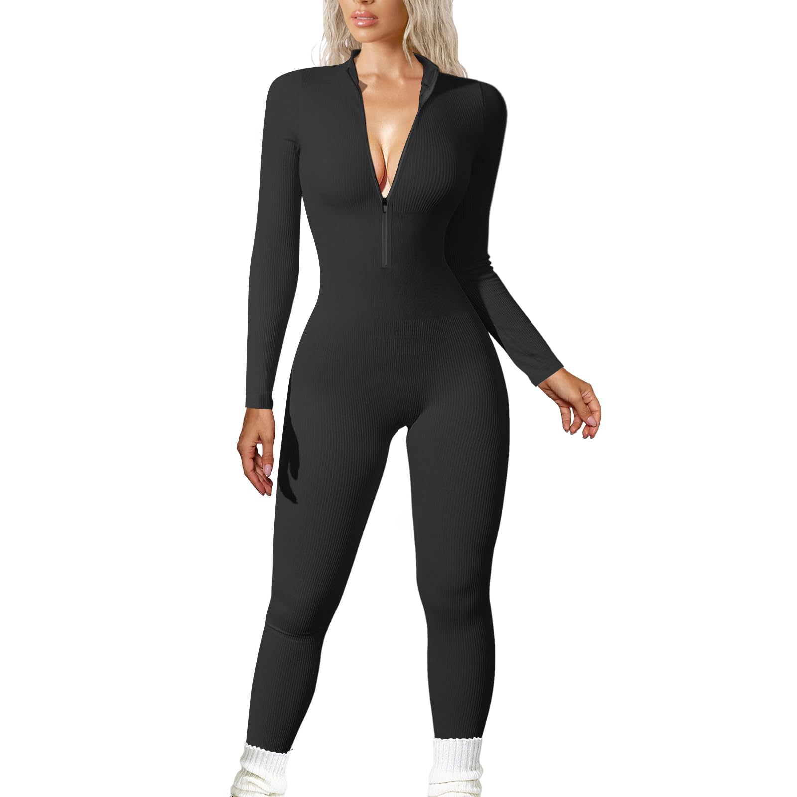 Long Sleeve, Zip Up, V Neck Playsuit.