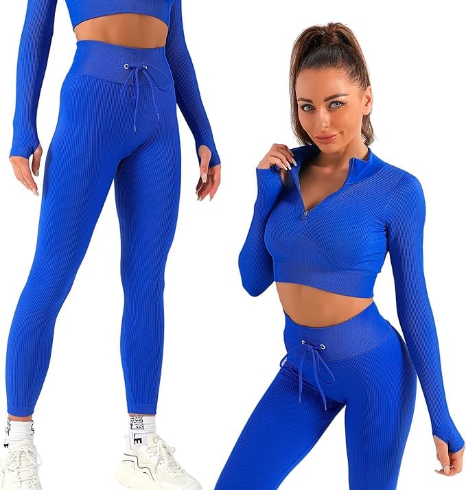 2 Piece Zip Up Jacket Workout Outfits, Cropped Top, Long Sleeve, Leggings Set.