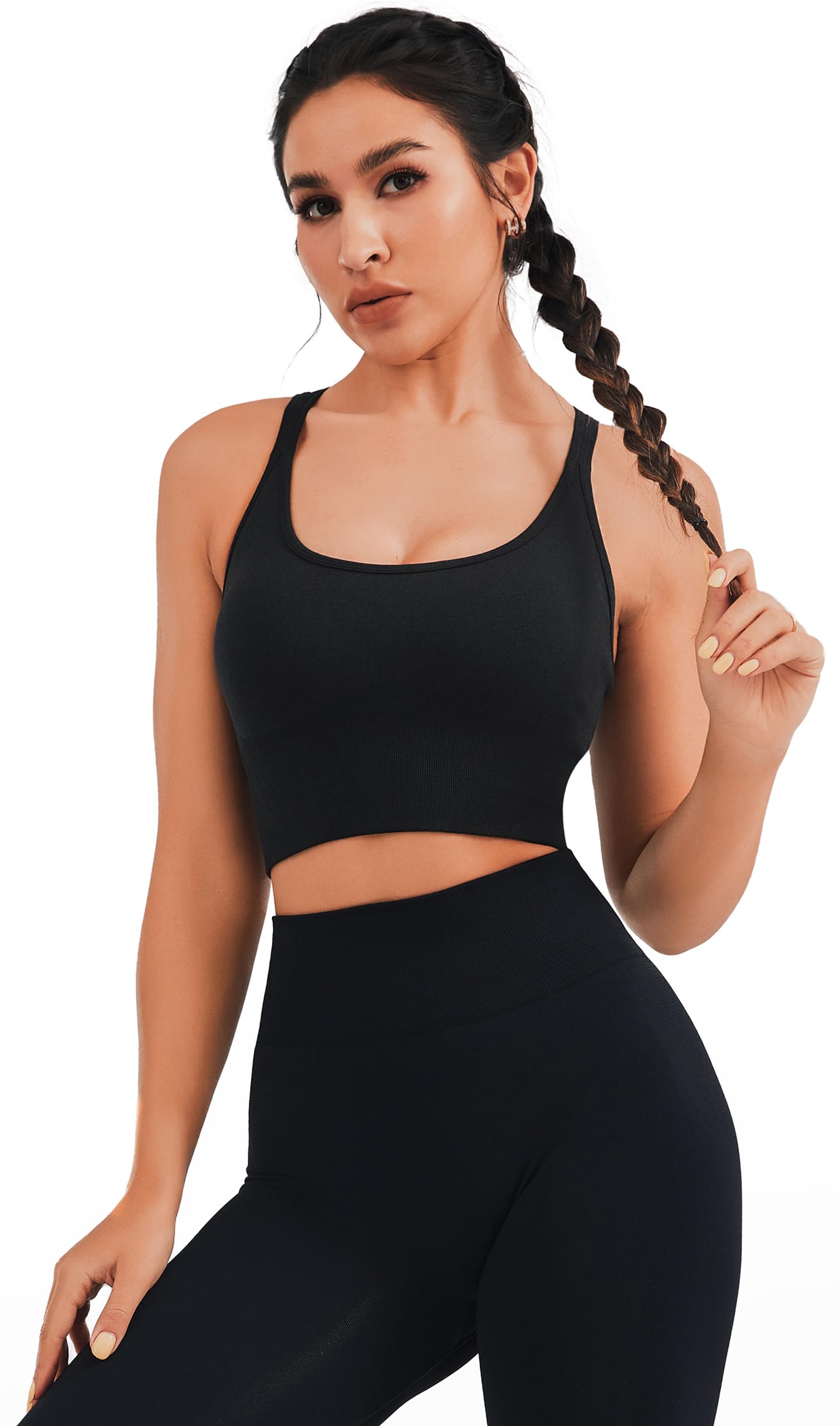 Seamless Longline Sports Bra - Slim Strap 4-Way Stretch Top with Removable Pads.