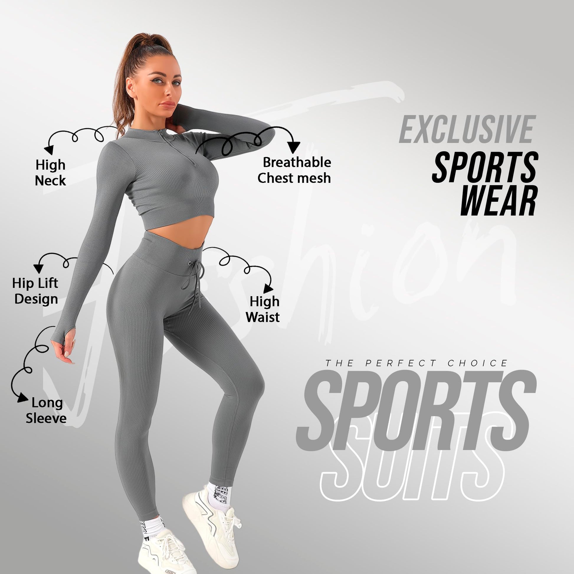 2 Piece Zip Up Jacket Workout Outfits, Cropped Top, Long Sleeve, Leggings Set.