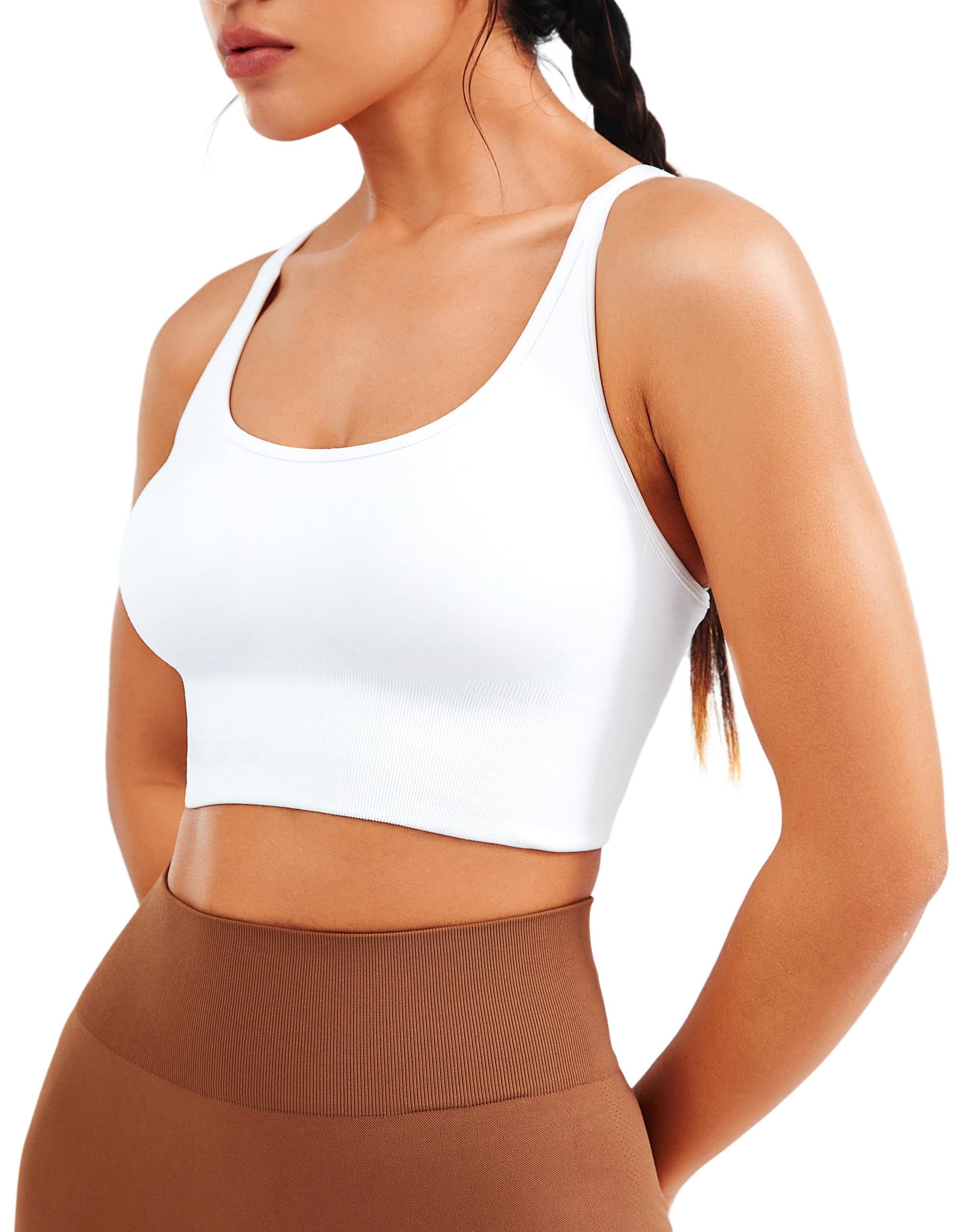 Seamless Longline Sports Bra - Slim Strap 4-Way Stretch Top with Removable Pads.