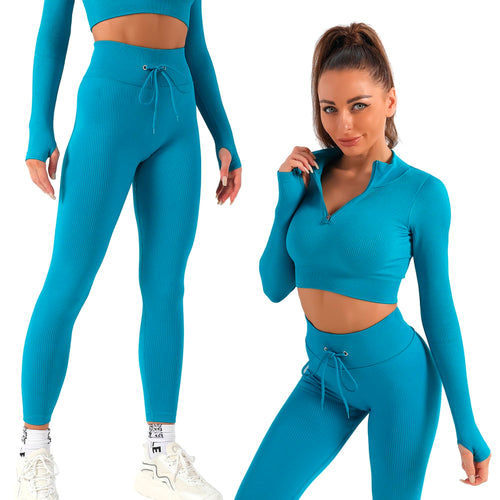 2 Piece Zip Up Jacket Workout Outfits, Cropped Top, Long Sleeve, Leggings Set.