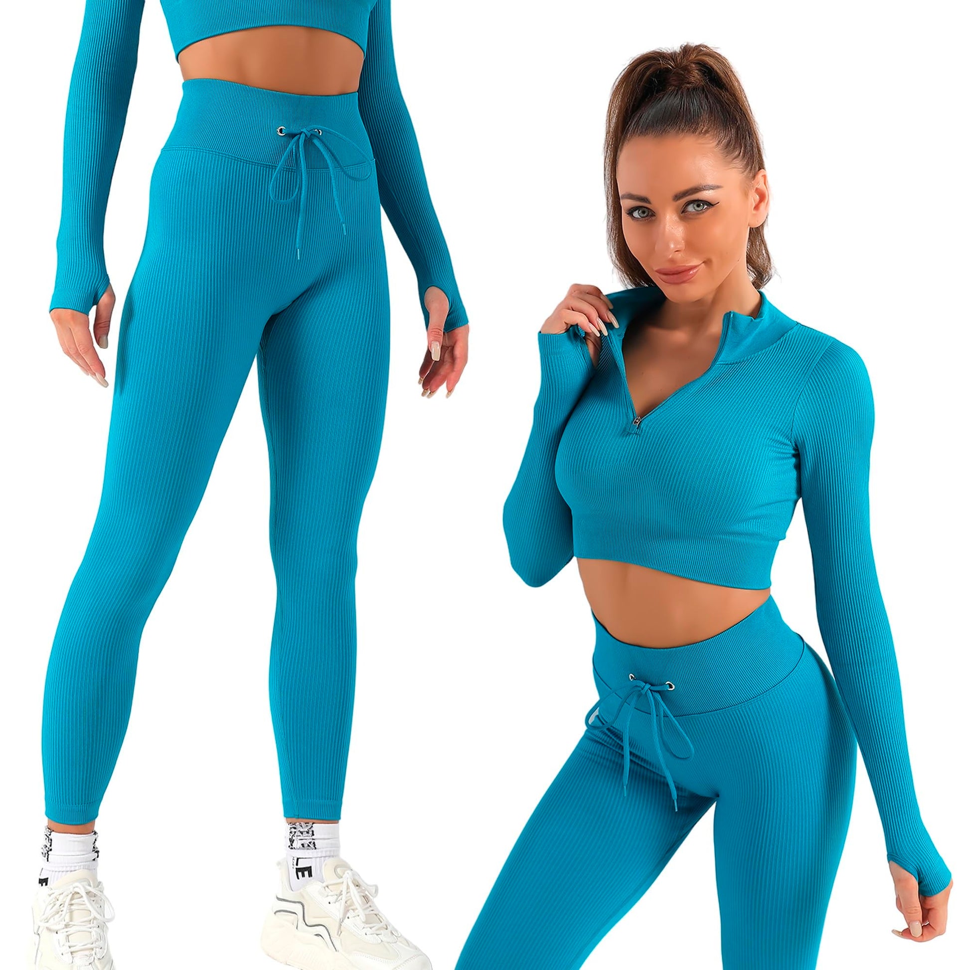 2 Piece Zip Up Jacket Workout Outfits, Cropped Top, Long Sleeve, Leggings Set.