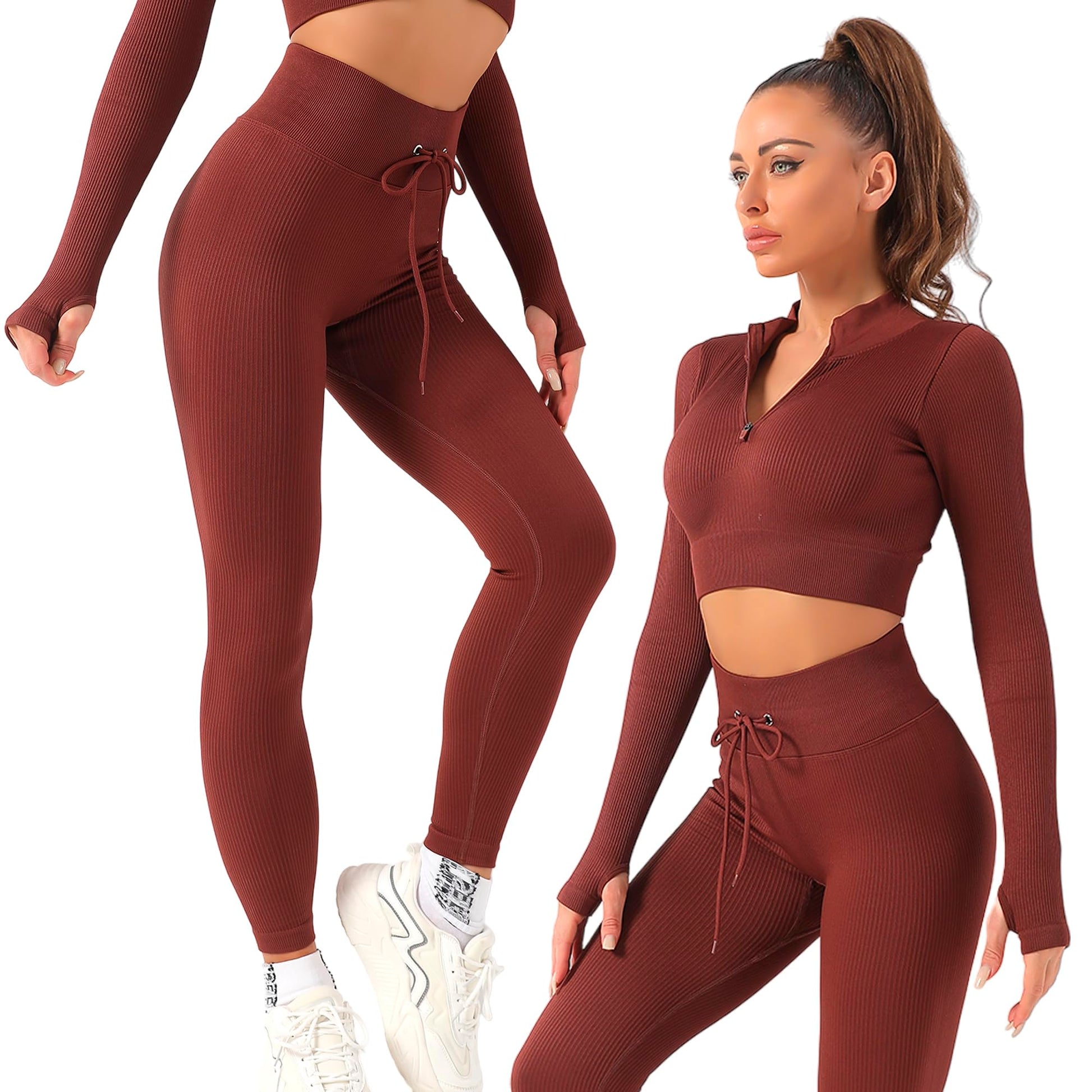 2 Piece Zip Up Jacket Workout Outfits, Cropped Top, Long Sleeve, Leggings Set.