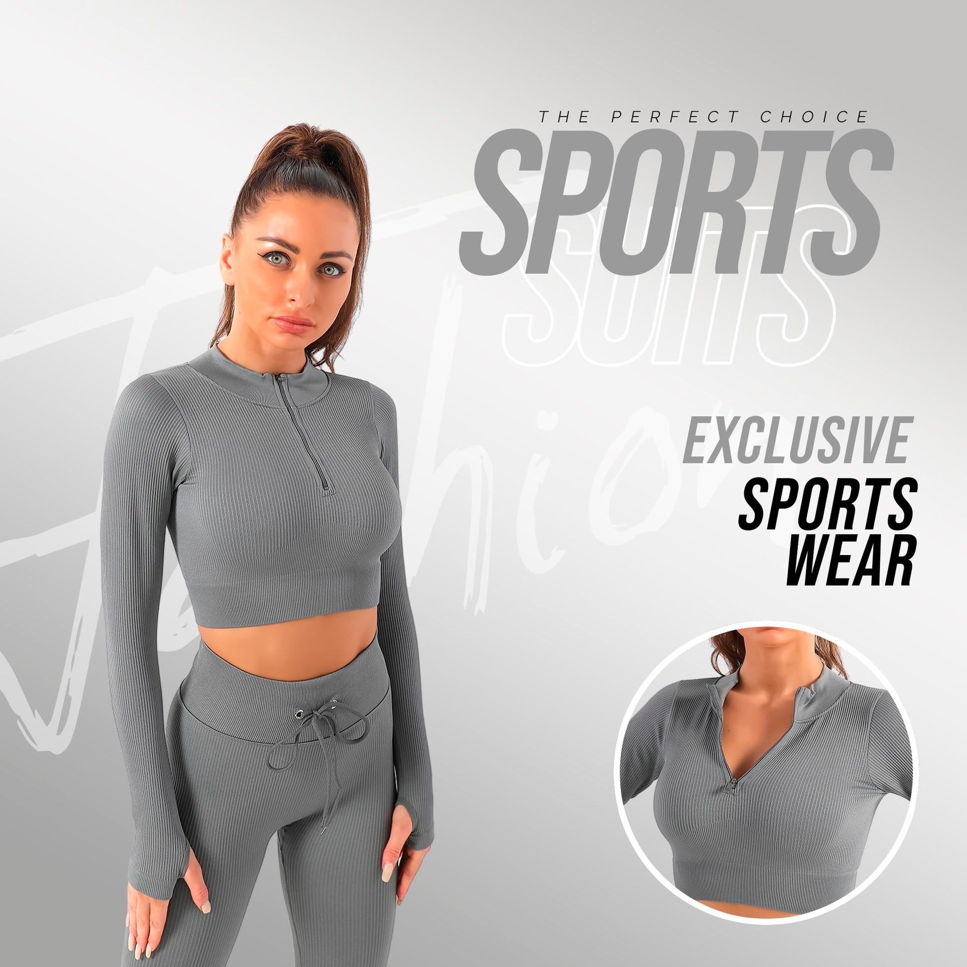 2 Piece Zip Up Jacket Workout Outfits, Cropped Top, Long Sleeve, Leggings Set.