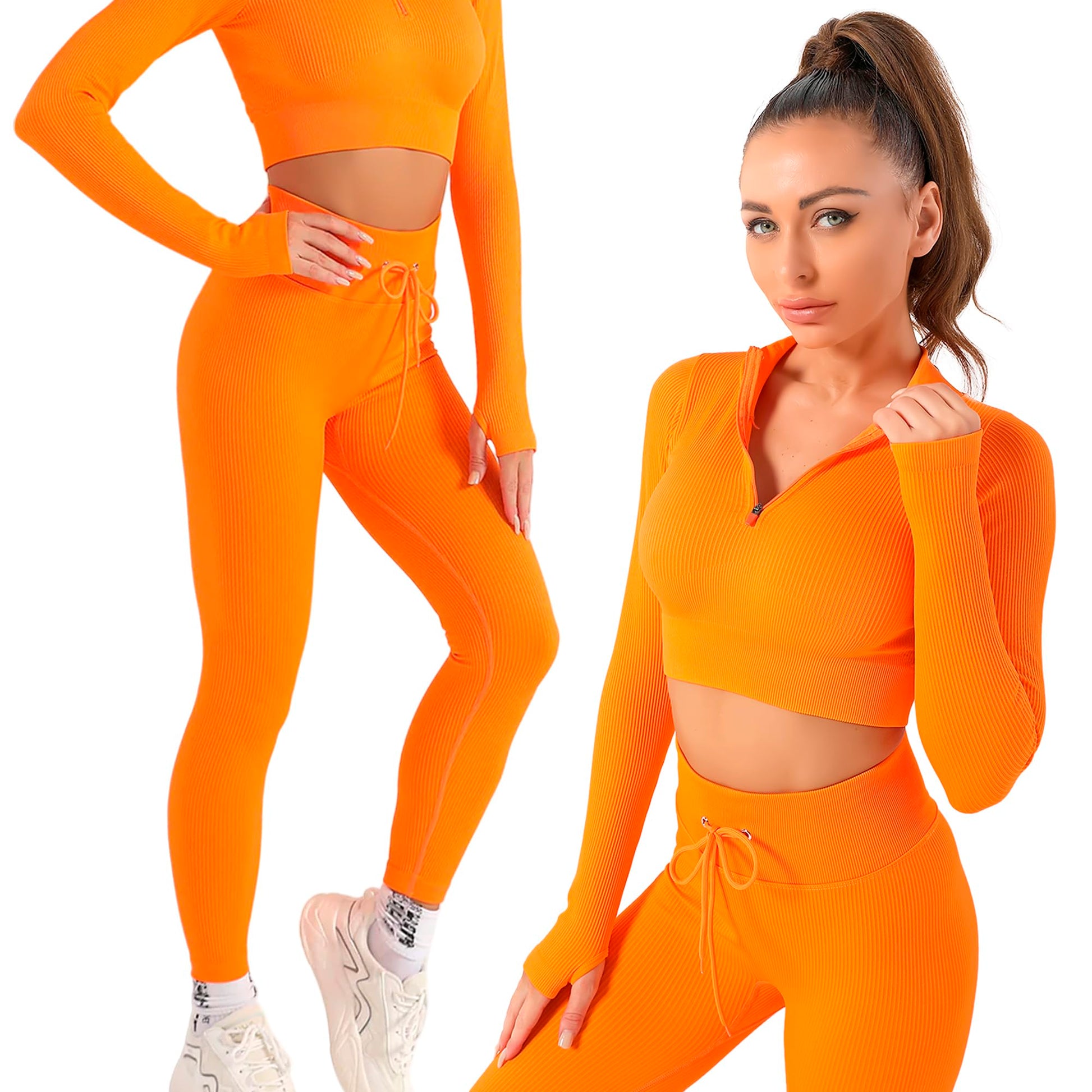 2 Piece Zip Up Jacket Workout Outfits, Cropped Top, Long Sleeve, Leggings Set.