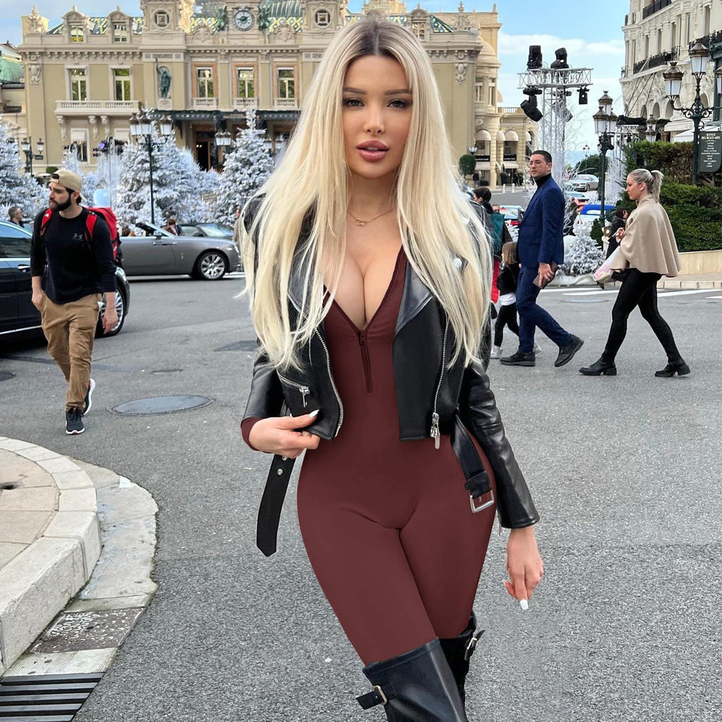 Long Sleeve, Zip Up, V Neck Playsuit.
