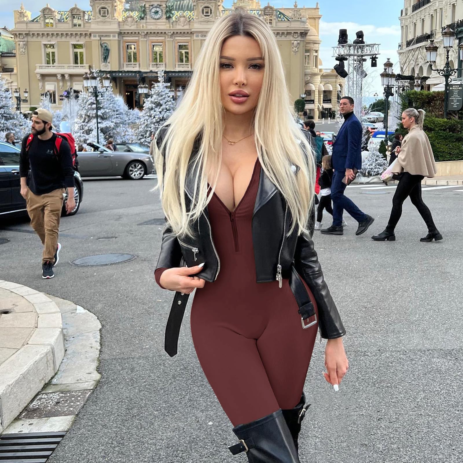 Long Sleeve, Zip Up, V Neck Playsuit.