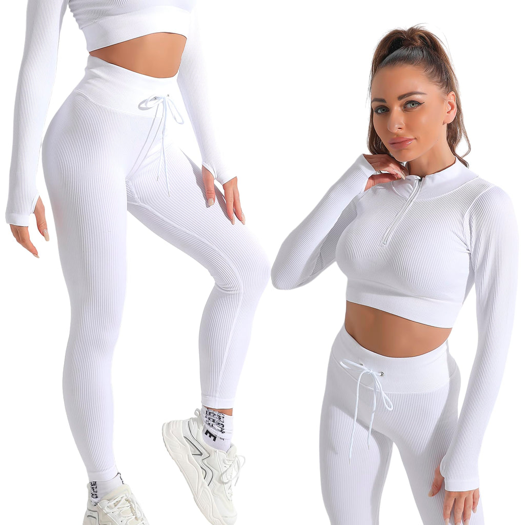 2 Piece Zip Up Jacket Workout Outfits, Cropped Top, Long Sleeve, Leggings Set.