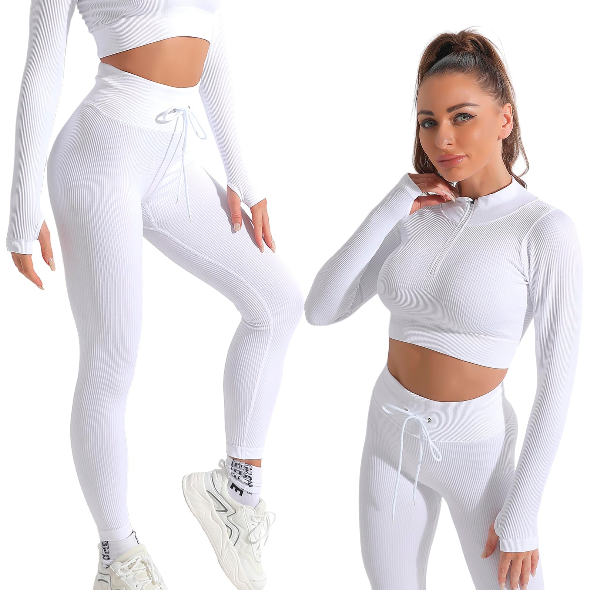 2 Piece Zip Up Jacket Workout Outfits, Cropped Top, Long Sleeve, Leggings Set.