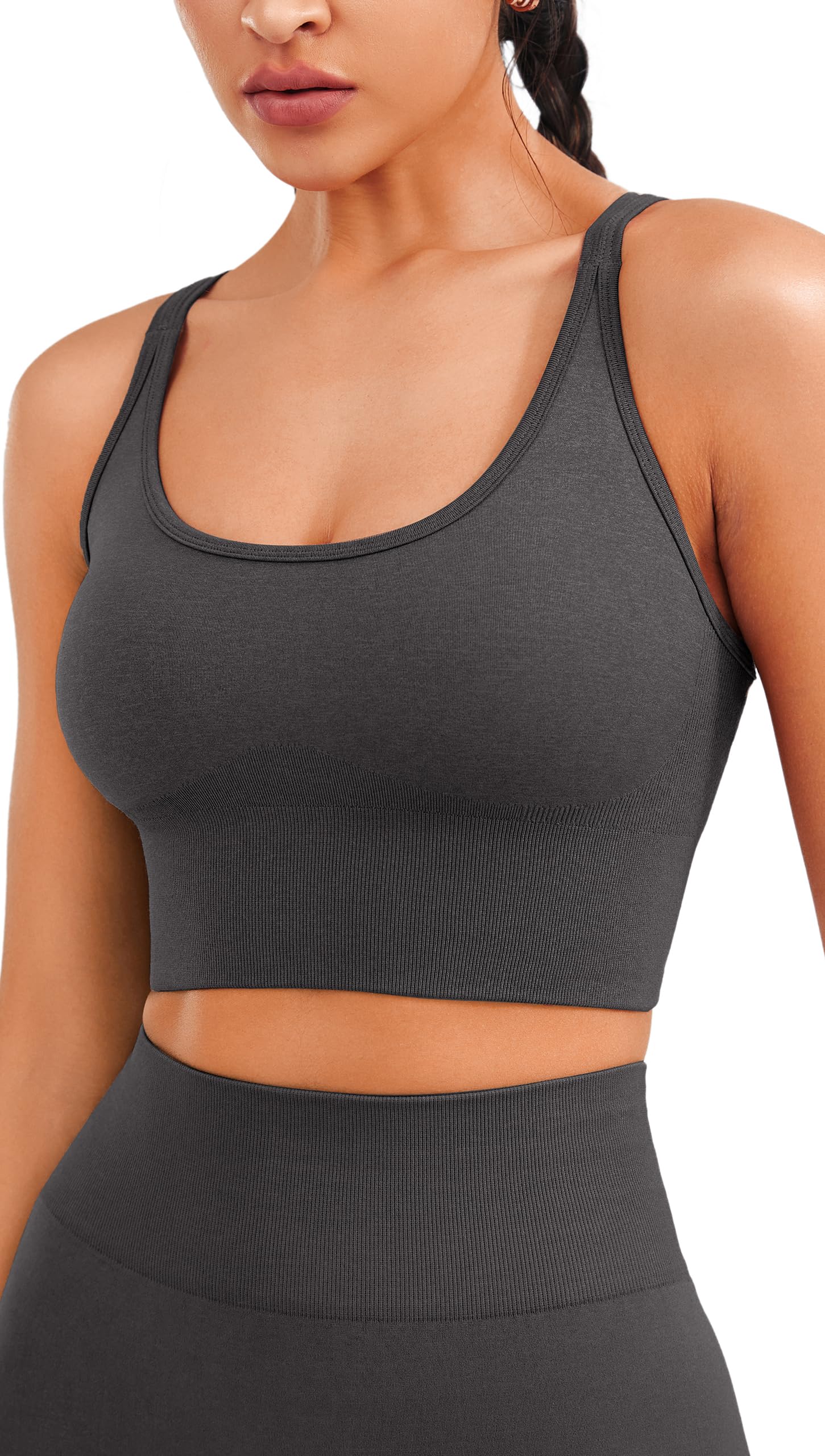 Seamless Longline Sports Bra - Slim Strap 4-Way Stretch Top with Removable Pads.