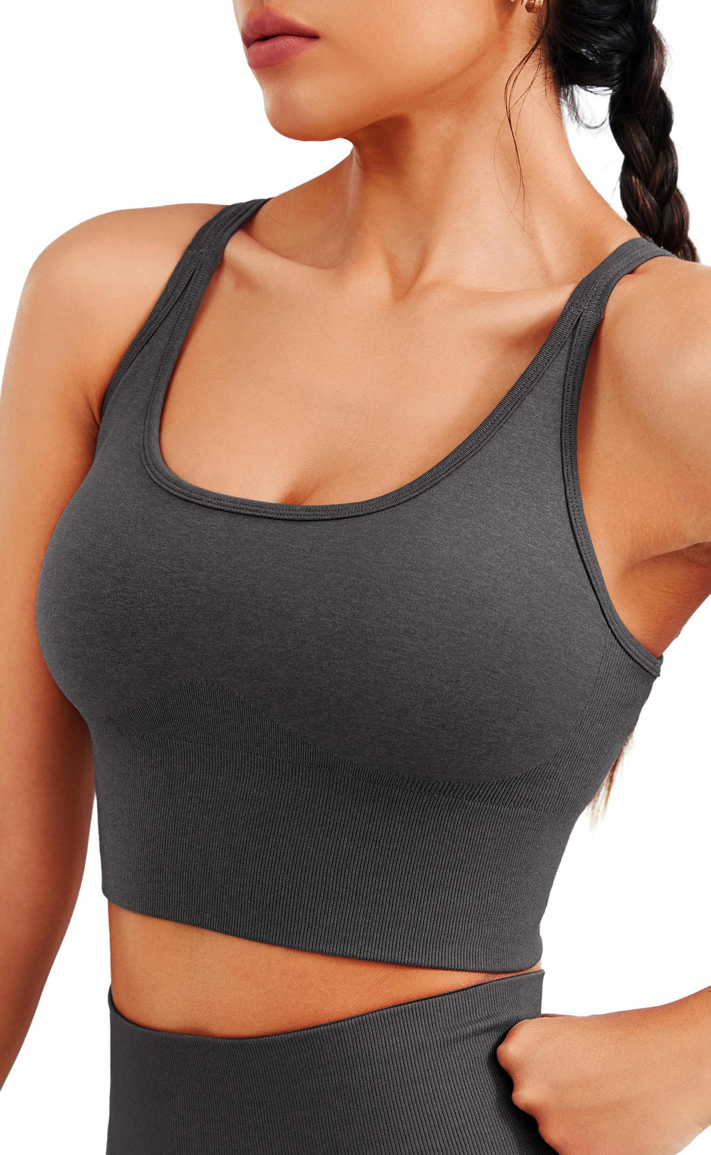 Seamless Longline Sports Bra - Slim Strap 4-Way Stretch Top with Removable Pads.