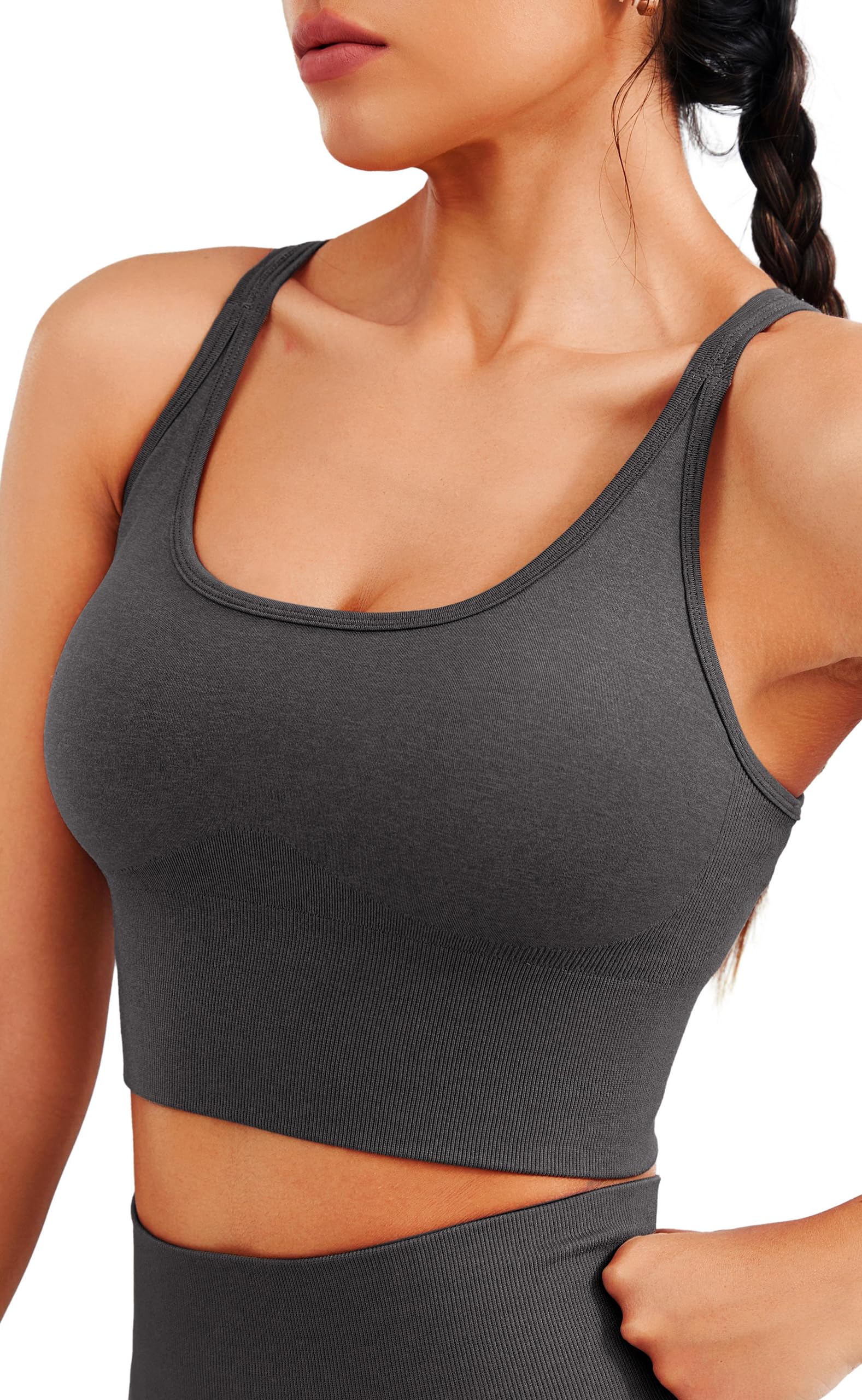 Seamless Longline Sports Bra - Slim Strap 4-Way Stretch Top with Removable Pads.