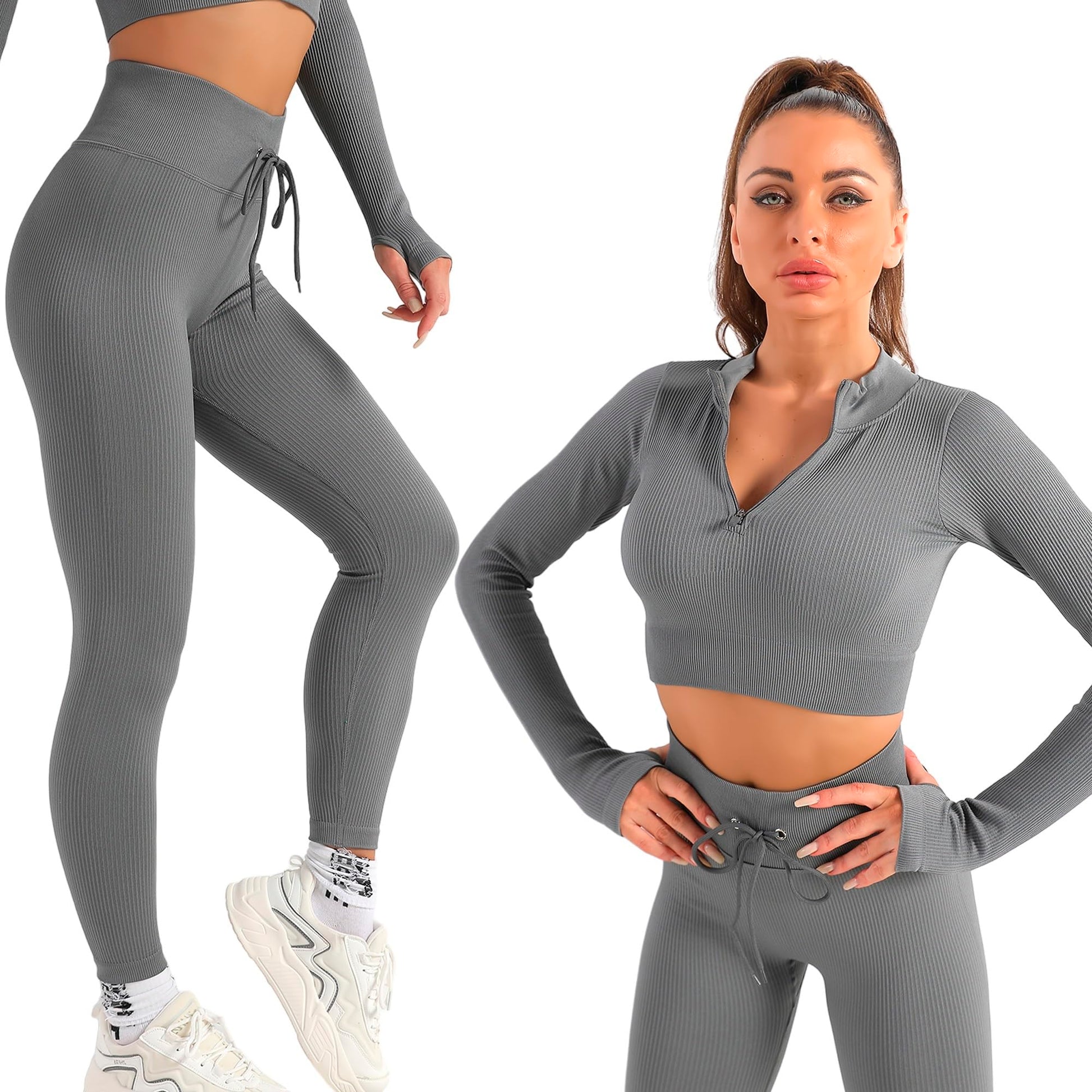 2 Piece Zip Up Jacket Workout Outfits, Cropped Top, Long Sleeve, Leggings Set.