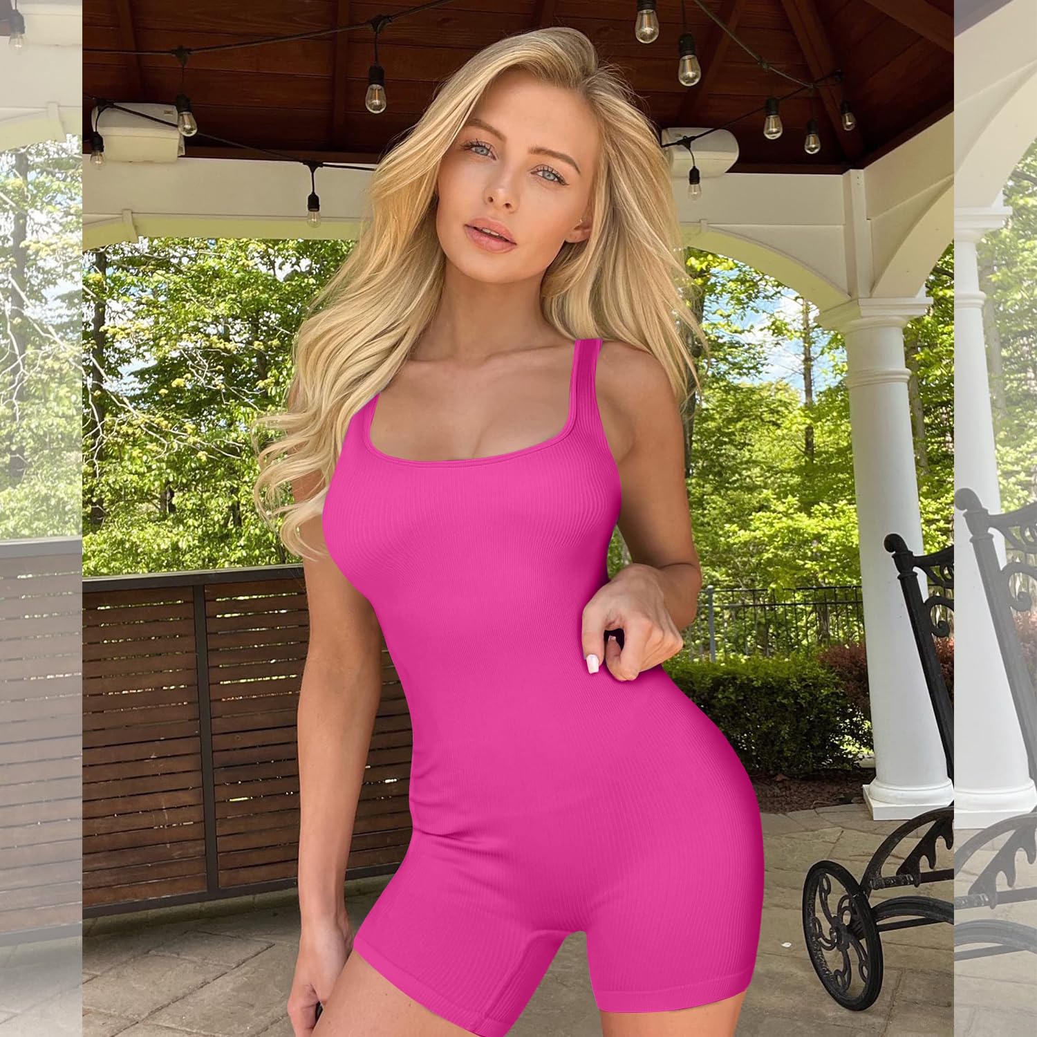Ribbed Seamless Square Neck Tank Top Sleeveless One Piece Romper