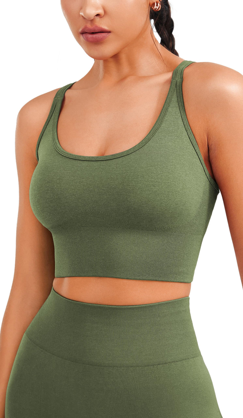Seamless Longline Sports Bra - Slim Strap 4-Way Stretch Top with Removable Pads.