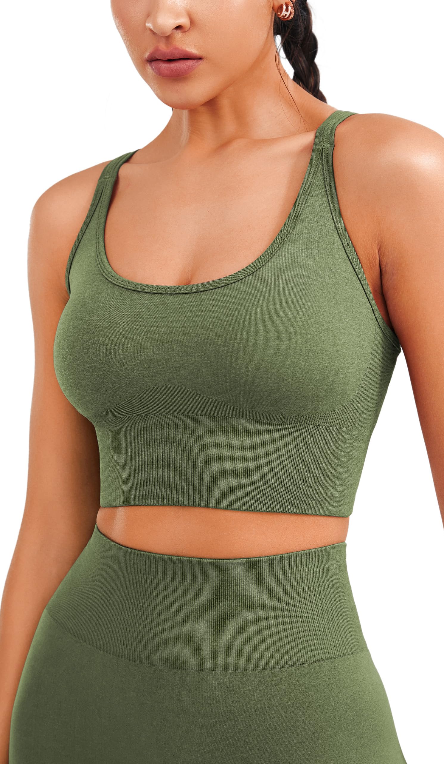 Seamless Longline Sports Bra - Slim Strap 4-Way Stretch Top with Removable Pads.